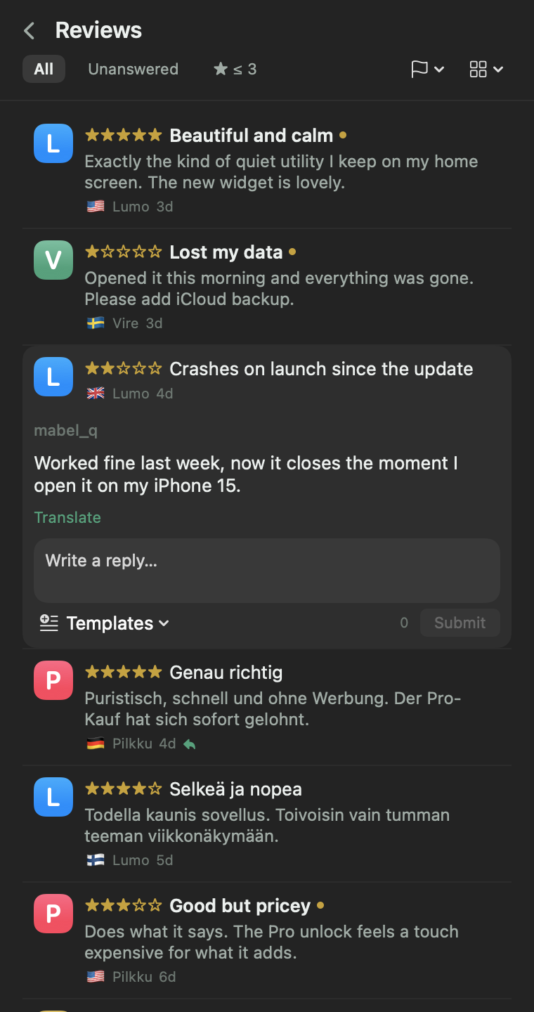 Kiikari reviews inbox with an expanded review, a reply composer and a Translate action.