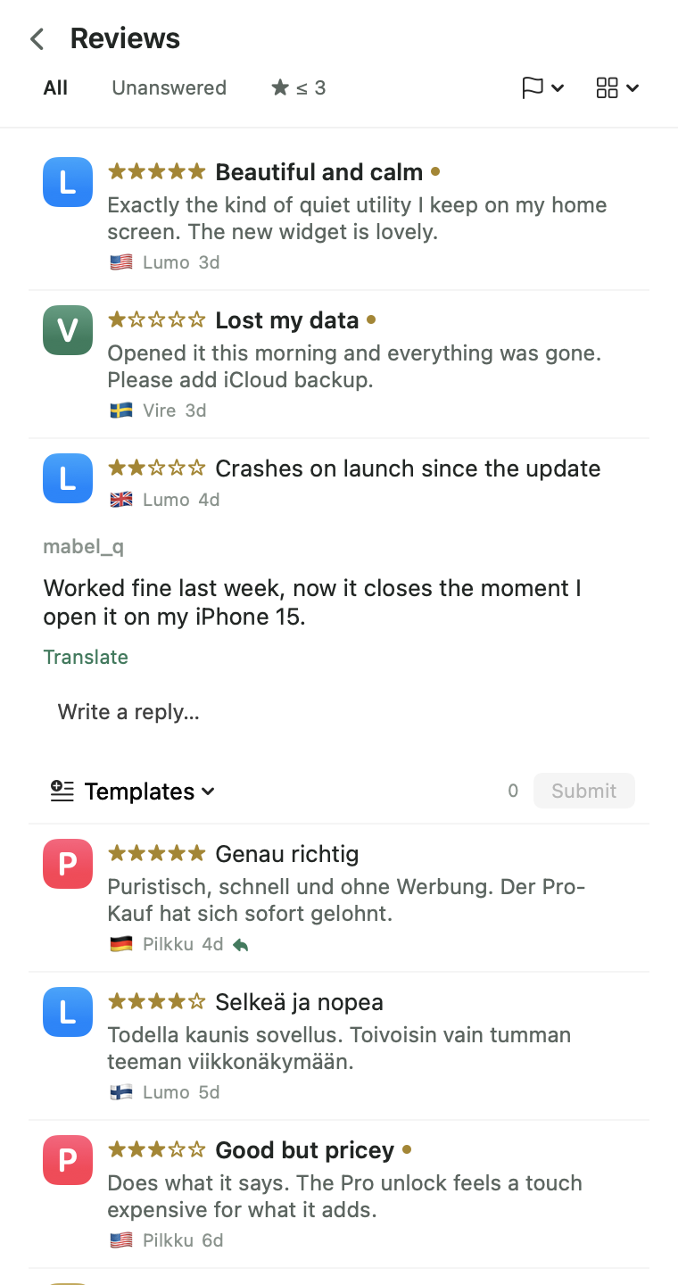 Kiikari reviews inbox in light mode with a reply composer.