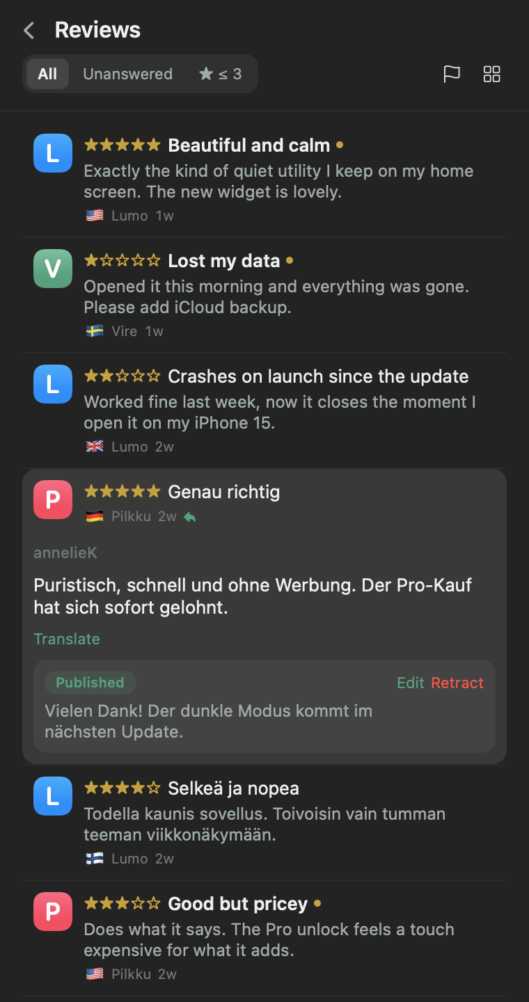 Kiikari reviews inbox with an expanded German review, a published developer reply and a Translate action.