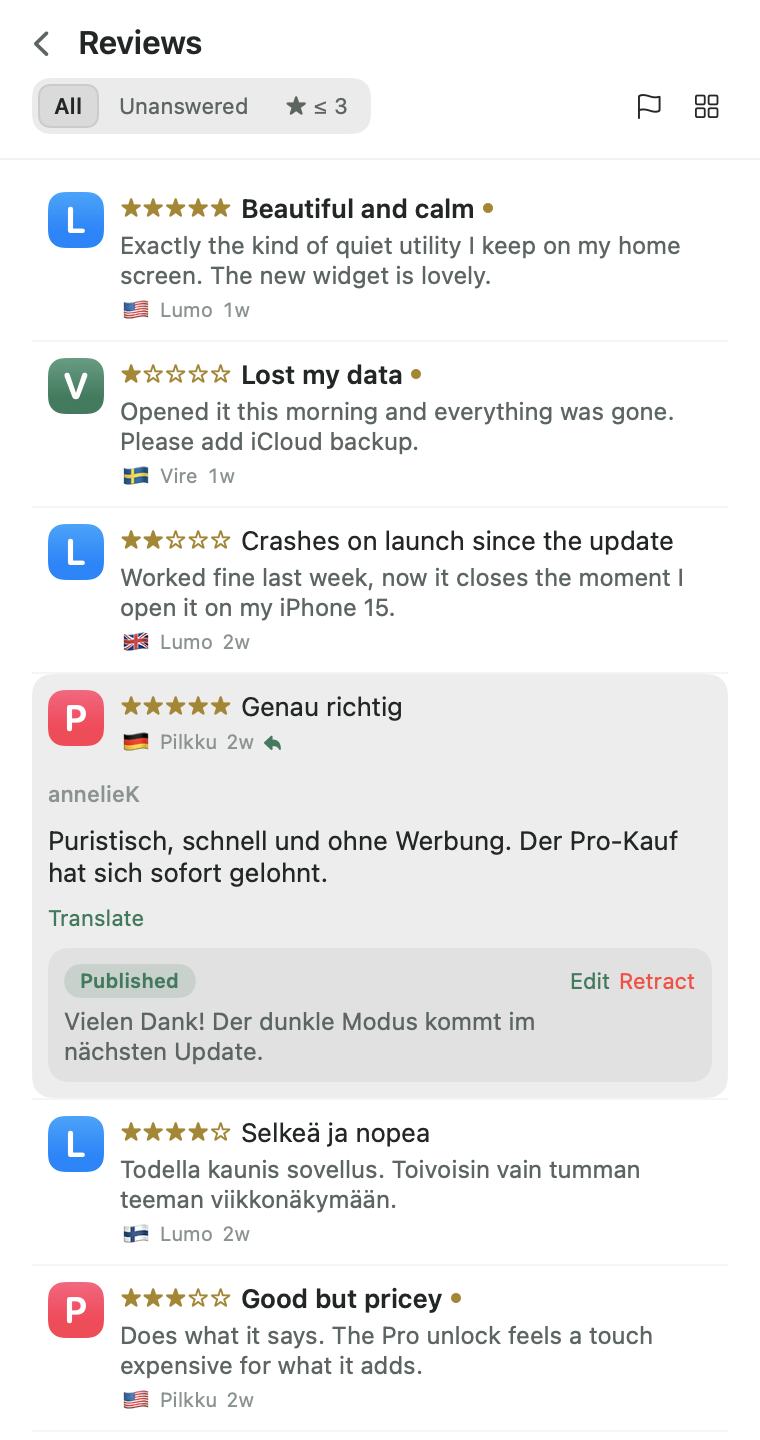 Kiikari reviews inbox in light mode with an expanded review and a published developer reply.