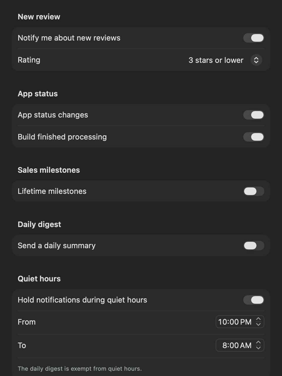 Kiikari notification settings: rules per category with quiet hours and a daily digest.