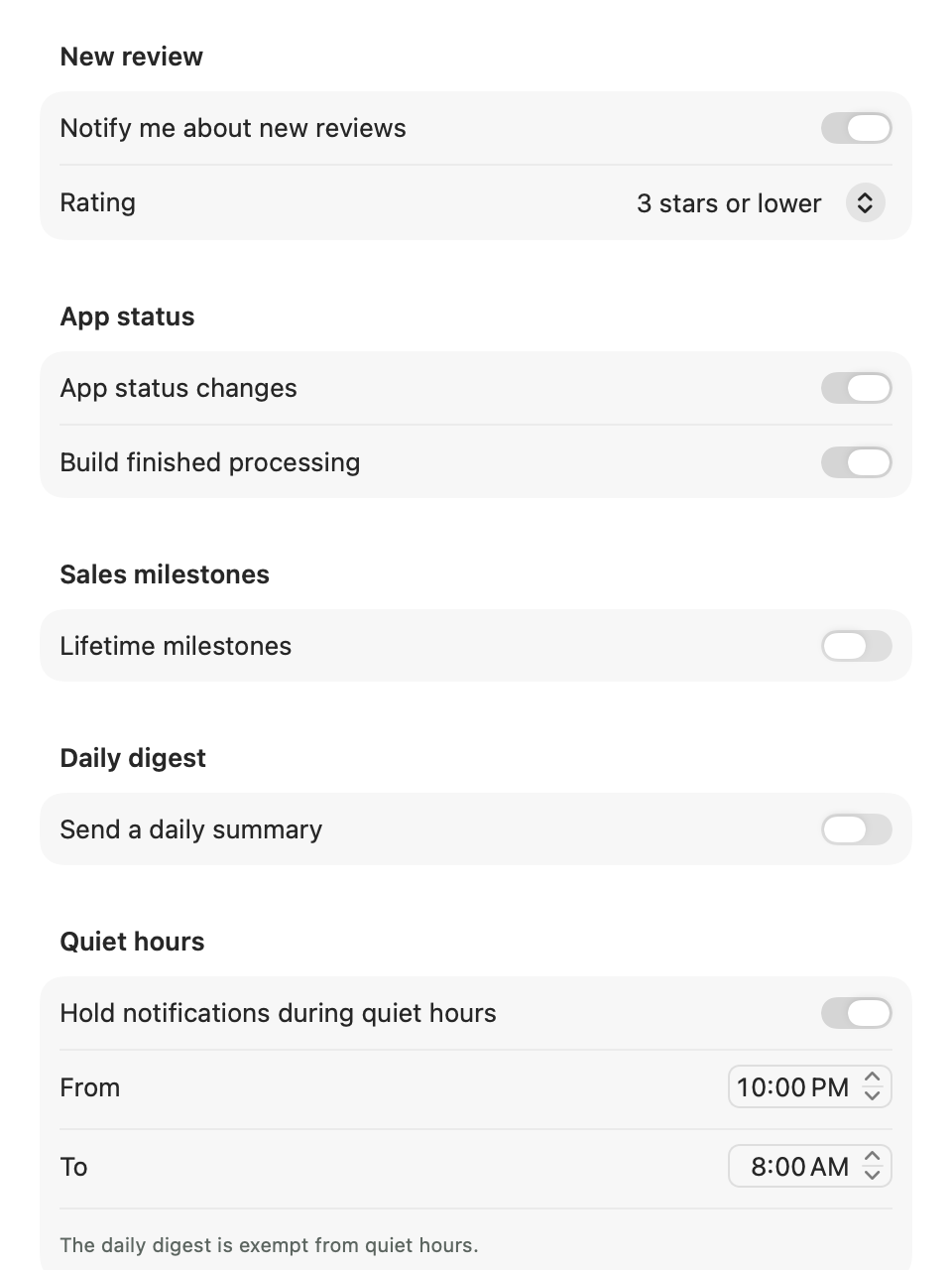Kiikari notification settings in light mode.